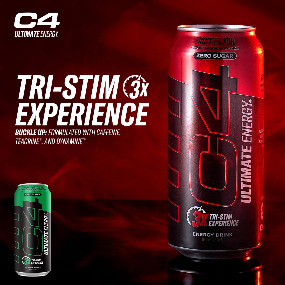 Closeup of C4 Ultimate Zero Sugar Energy ingredients label highlighting tri-stim formula