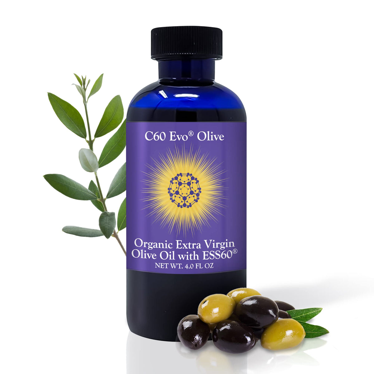 C60 Evo Organic Olive Oil bottle close-up highlighting ESS60 formulation for immune support.