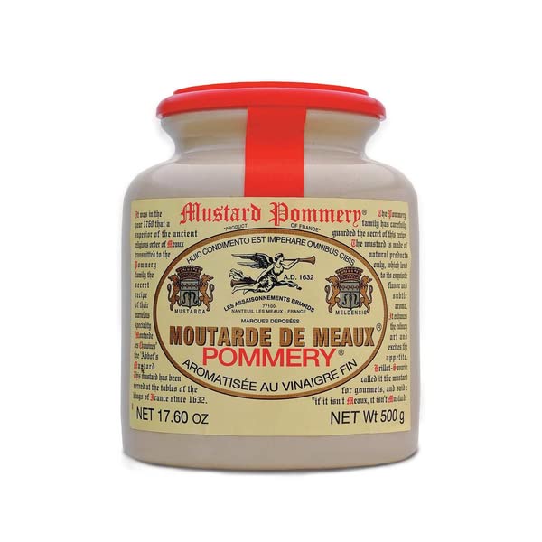 CA Pommery Meaux Mustard label close-up highlighting elegant packaging for culinary gift ideas.