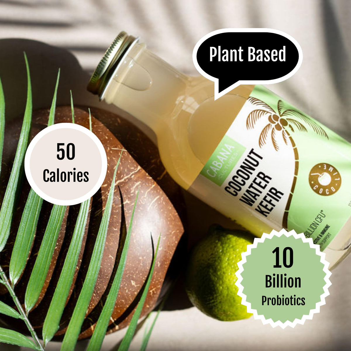Cabana Cultures bottle highlights 10 billion probiotics for gut balance.
