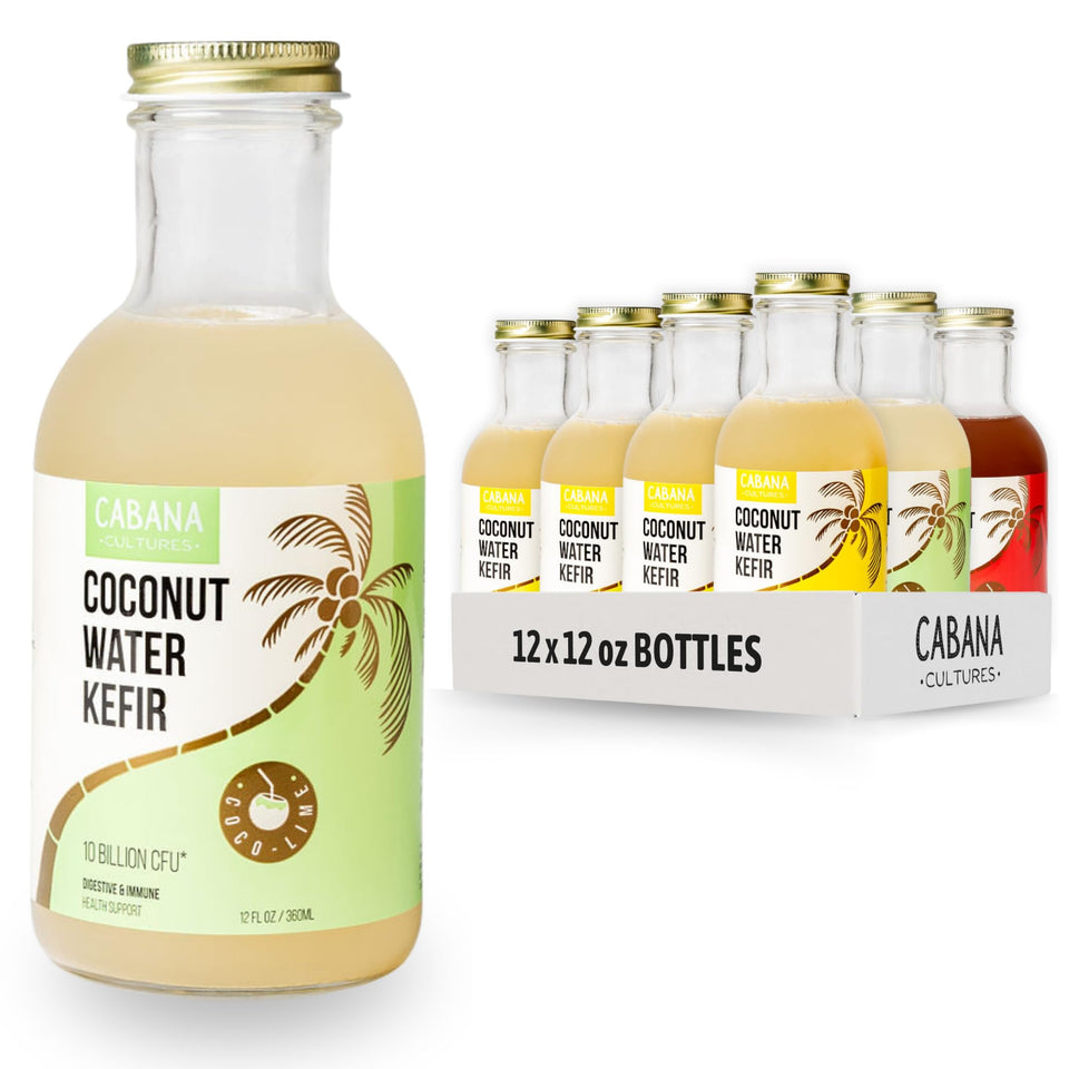 Cabana Cultures probiotic kefir bottle with tropical flavors for daily hydration.