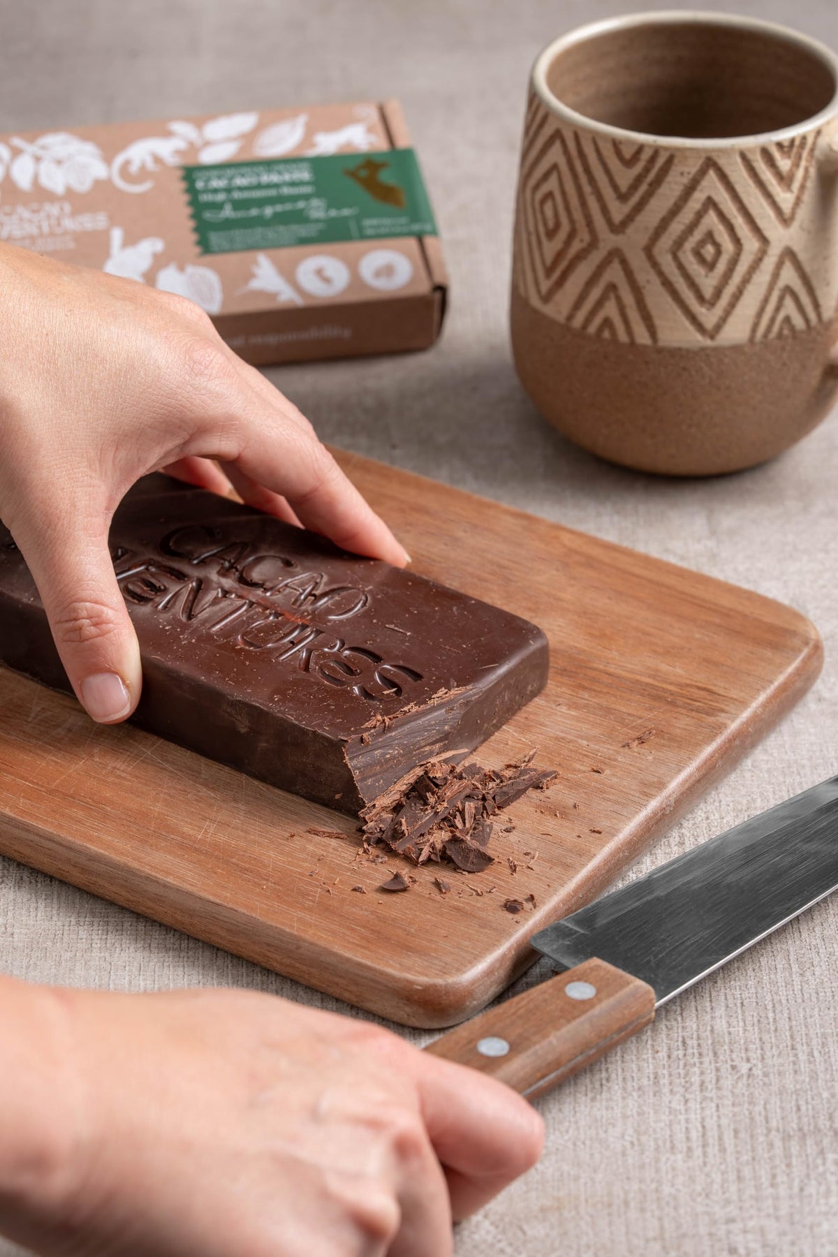 Cacao Adventures 8 oz cacao block packaging for convenient ritual use