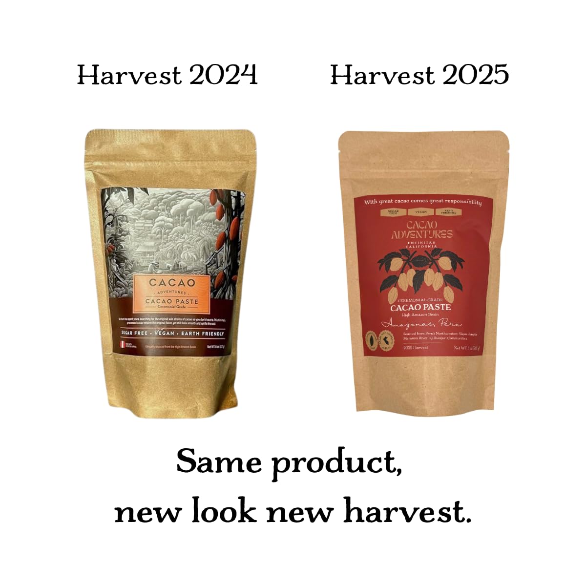 Cacao Adventures seal on packaging indicates ethically sourced and sustainably grown cacao.