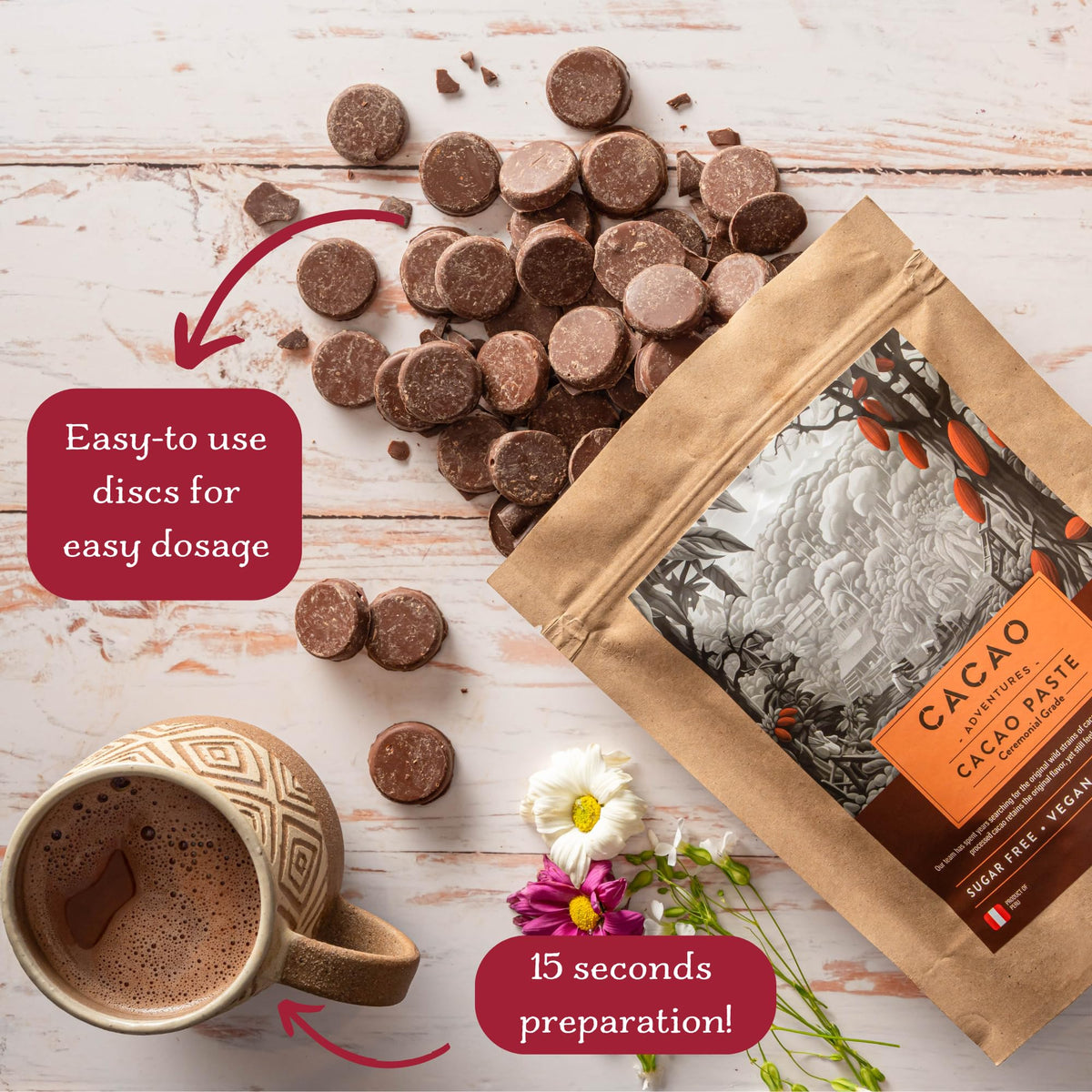 Mug with steam features unsweetened, dairy-free cacao for daily rituals.