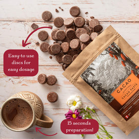 Mug with steam features unsweetened, dairy-free cacao for daily rituals.