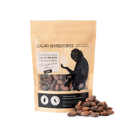 Cacao Adventures raw cacao beans close-up, highlighting rich aroma and texture for snacking.