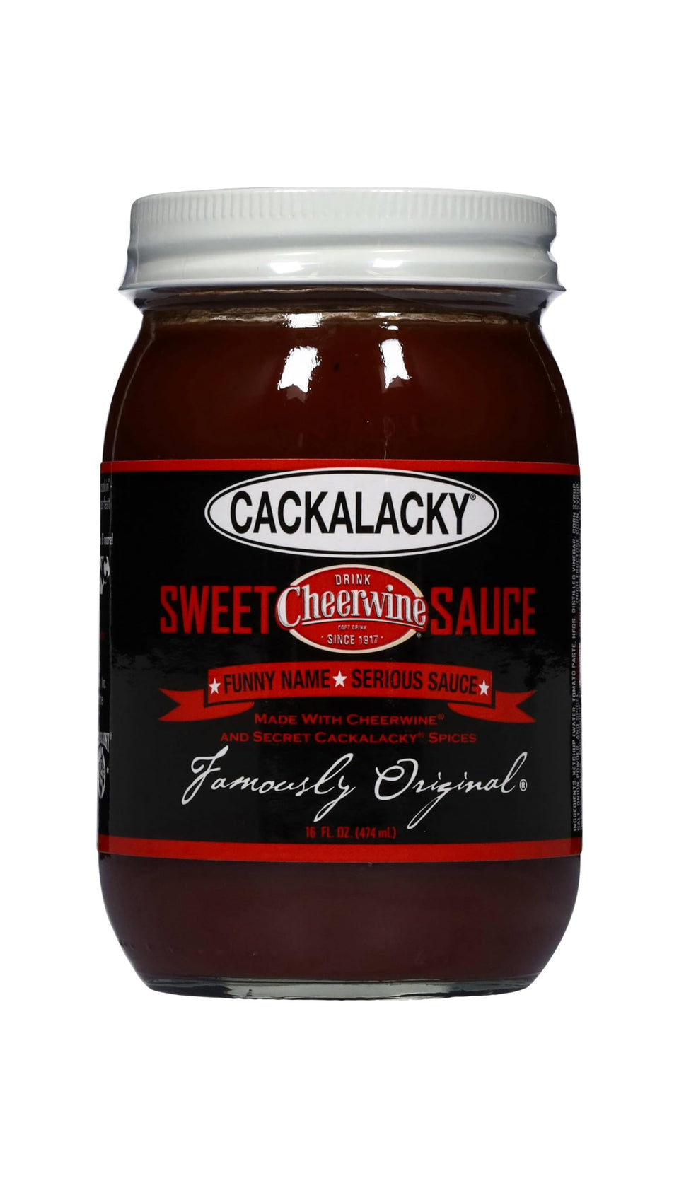 Cackalacky Cheerwine Sweet BBQ Sauce bottle front with cherry glaze ideal for grilling.