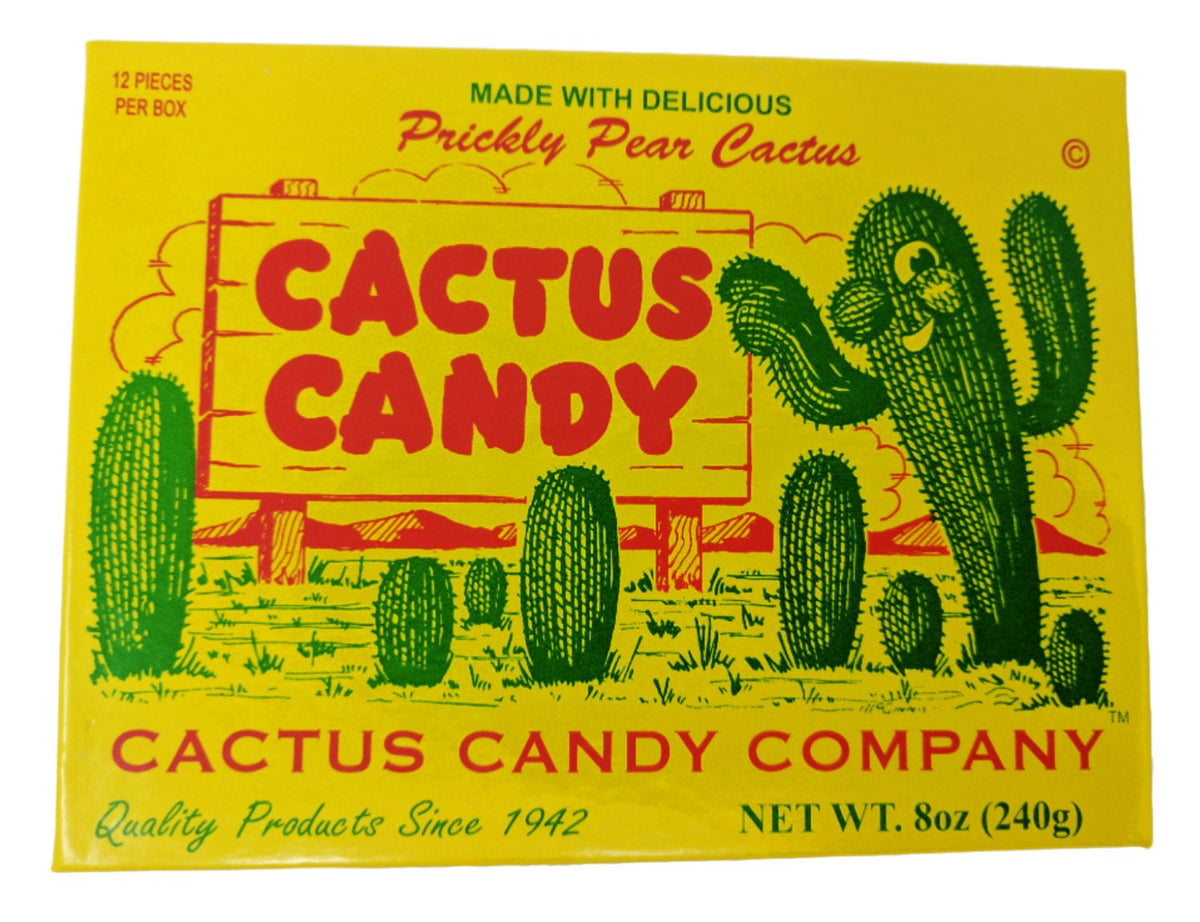 Cactus Candy Company half-pound box packaging shown as a stylish Arizona souvenir.