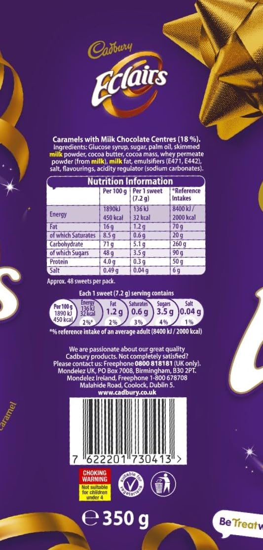 Cadbury Chocolate Eclairs carton 350g on shelf, perfect party treat option.