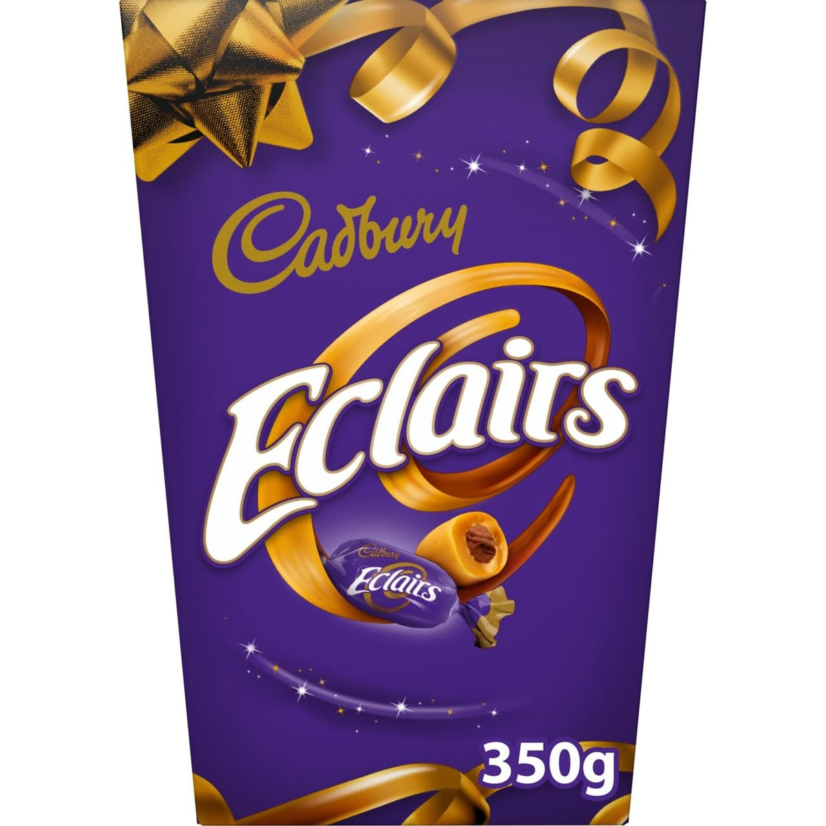 Cadbury Chocolate Eclairs close-up showing chewy toffee and milk chocolate, ideal for sharing.