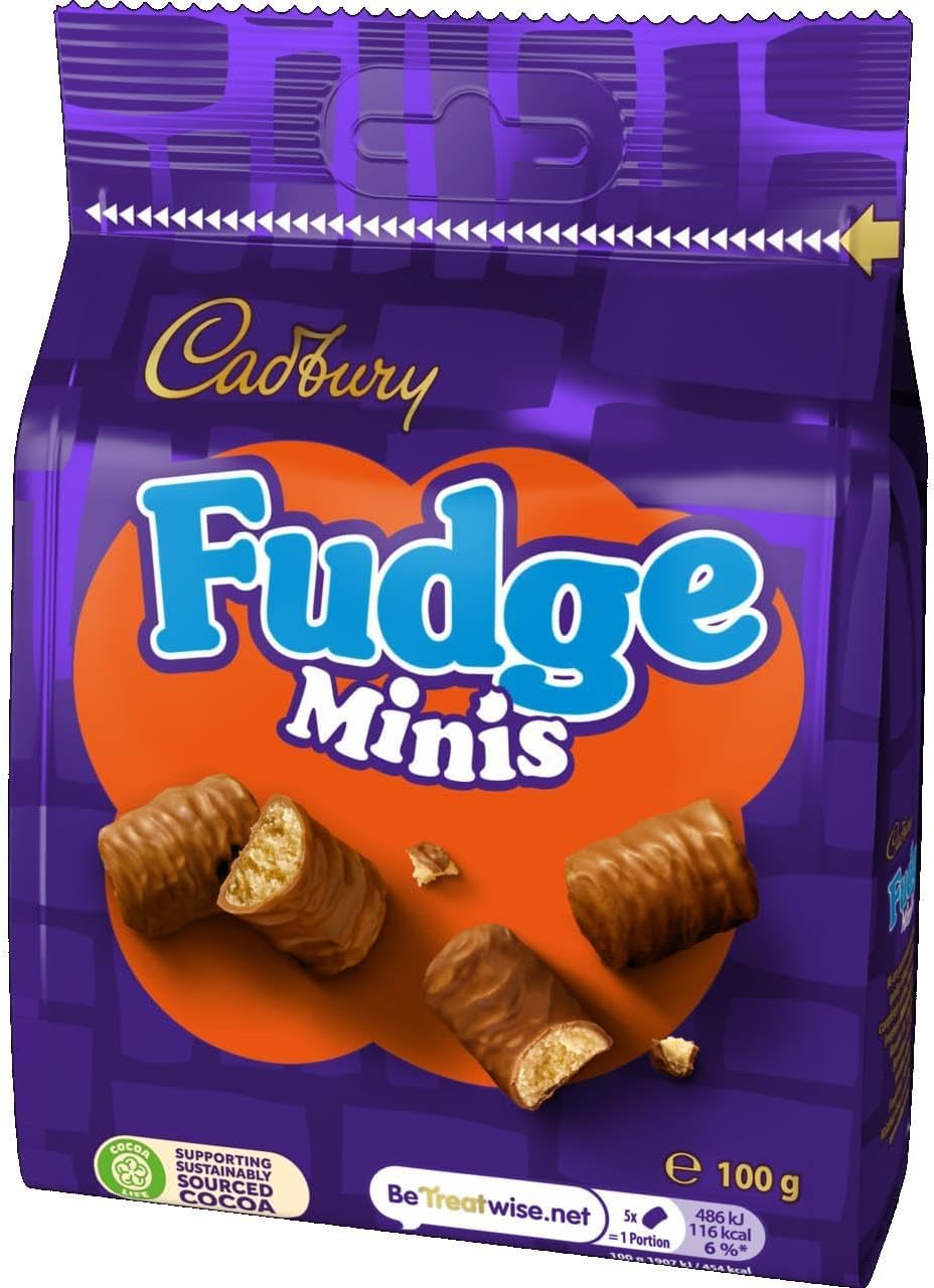 Cadbury Chocolate Fudge Minis Bites closeup, creamy chocolate coating with fudge pieces