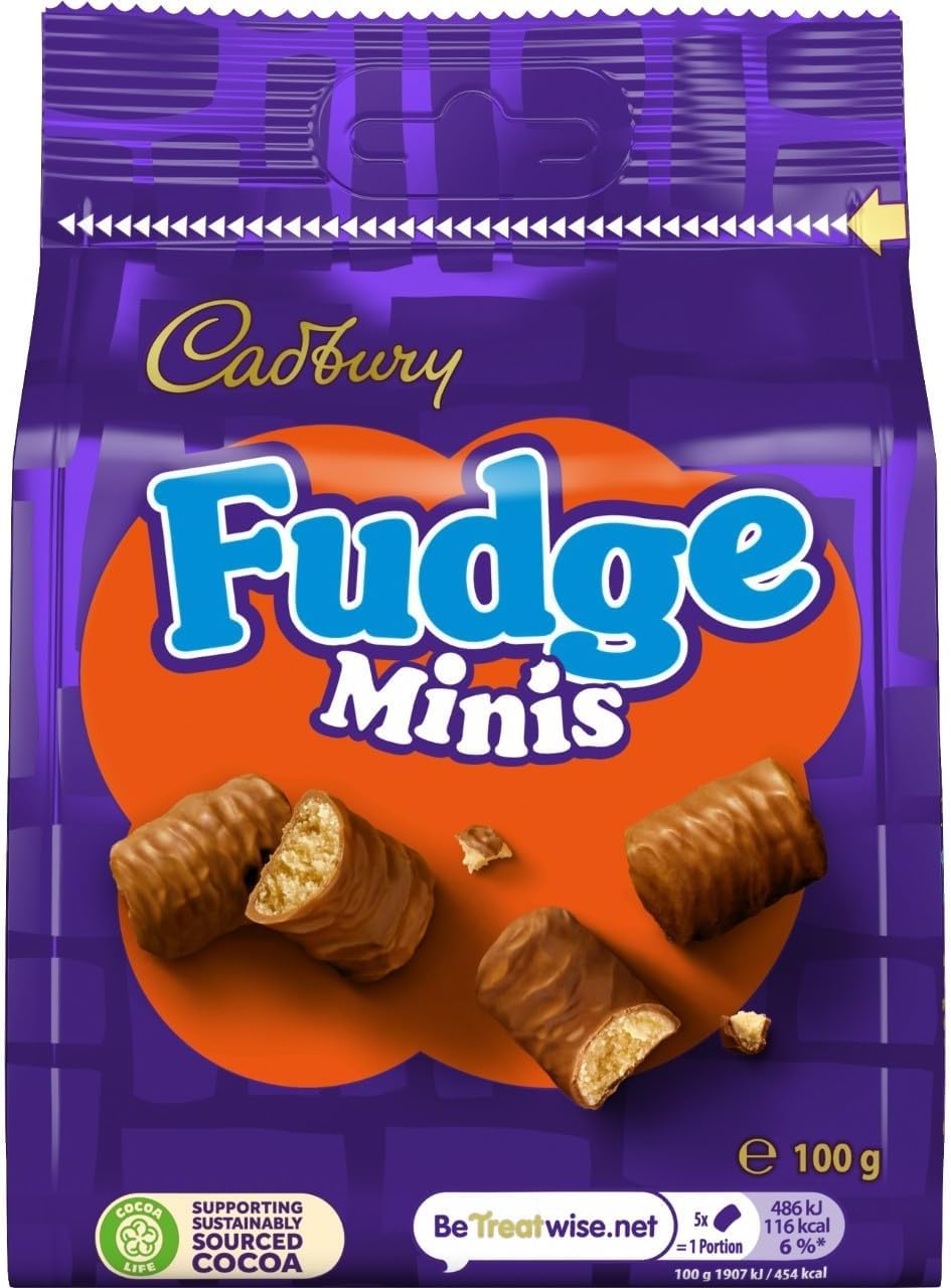 Cadbury Chocolate Fudge Minis Bites sharing bag, bite-sized pieces ideal for gatherings and gifting