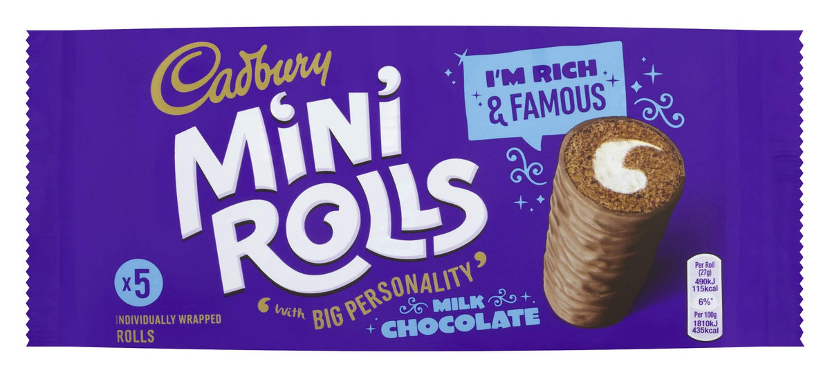 Cadbury Chocolate Mini Rolls 5pk pack-shot highlighting glossy milk chocolate coating for a quick indulgence.