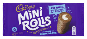 Cadbury Chocolate Mini Rolls 5pk pack-shot highlighting glossy milk chocolate coating for a quick indulgence.