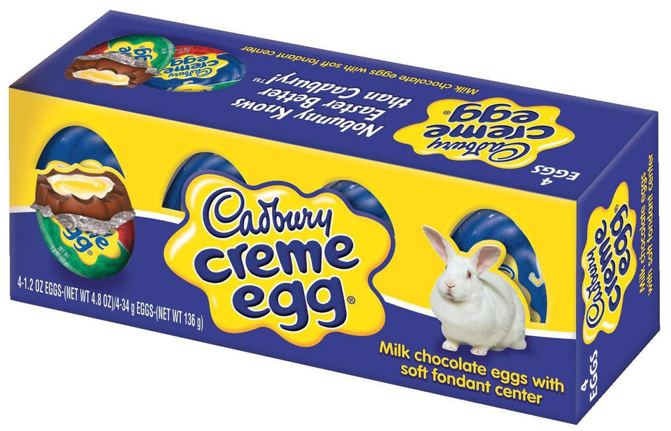 Cadbury Creme Eggs four-pack with milk chocolate and creamy center, ideal Easter treat.