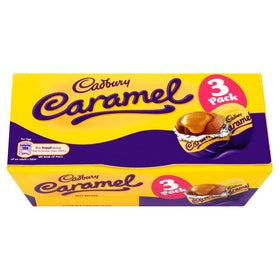 Cadbury Dairy Milk Caramel Eggs 3-pack packshot highlighting a vegetarian chocolate treat.