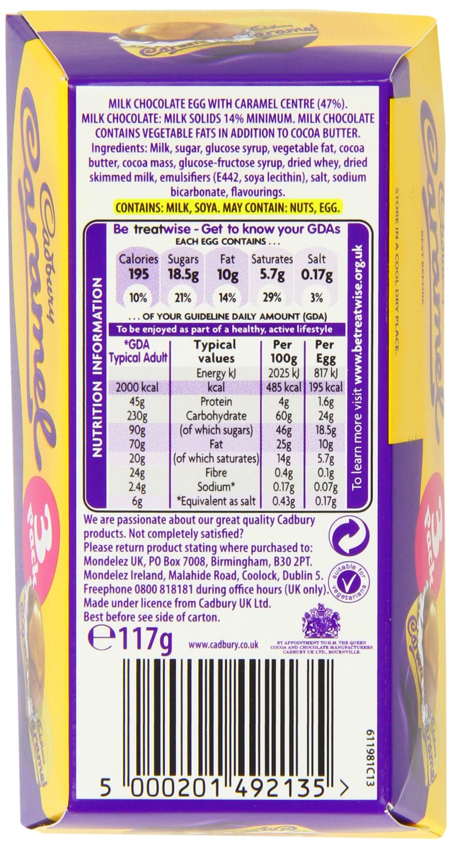 Cadbury Dairy Milk Caramel Eggs packaging detail with vegetarian-friendly label.