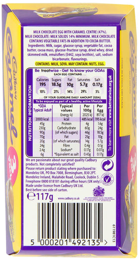 Cadbury Dairy Milk Caramel Eggs packaging detail with vegetarian-friendly label.