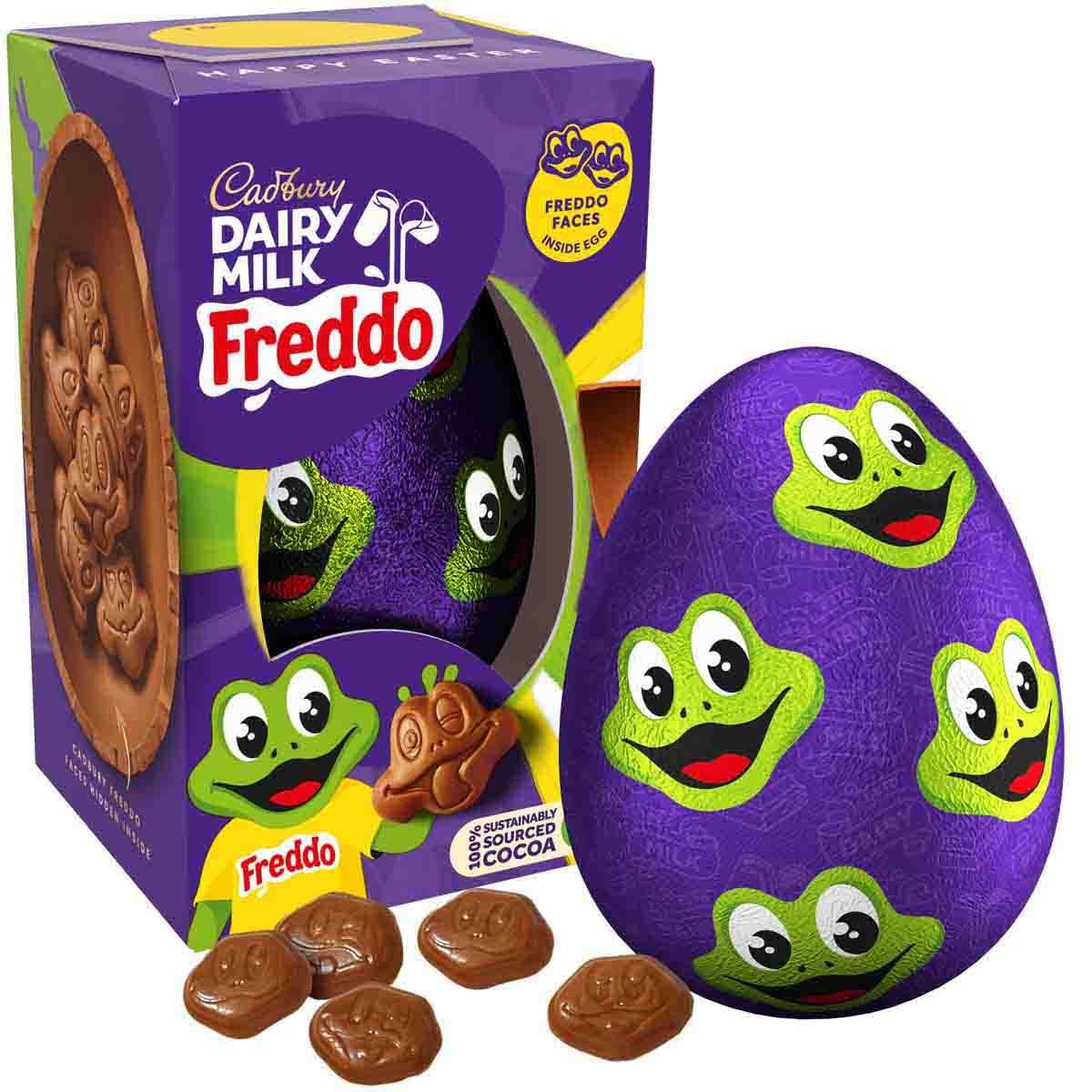 Cadbury Dairy Milk Freddo Egg 90g close-up texture, creamy milk chocolate.