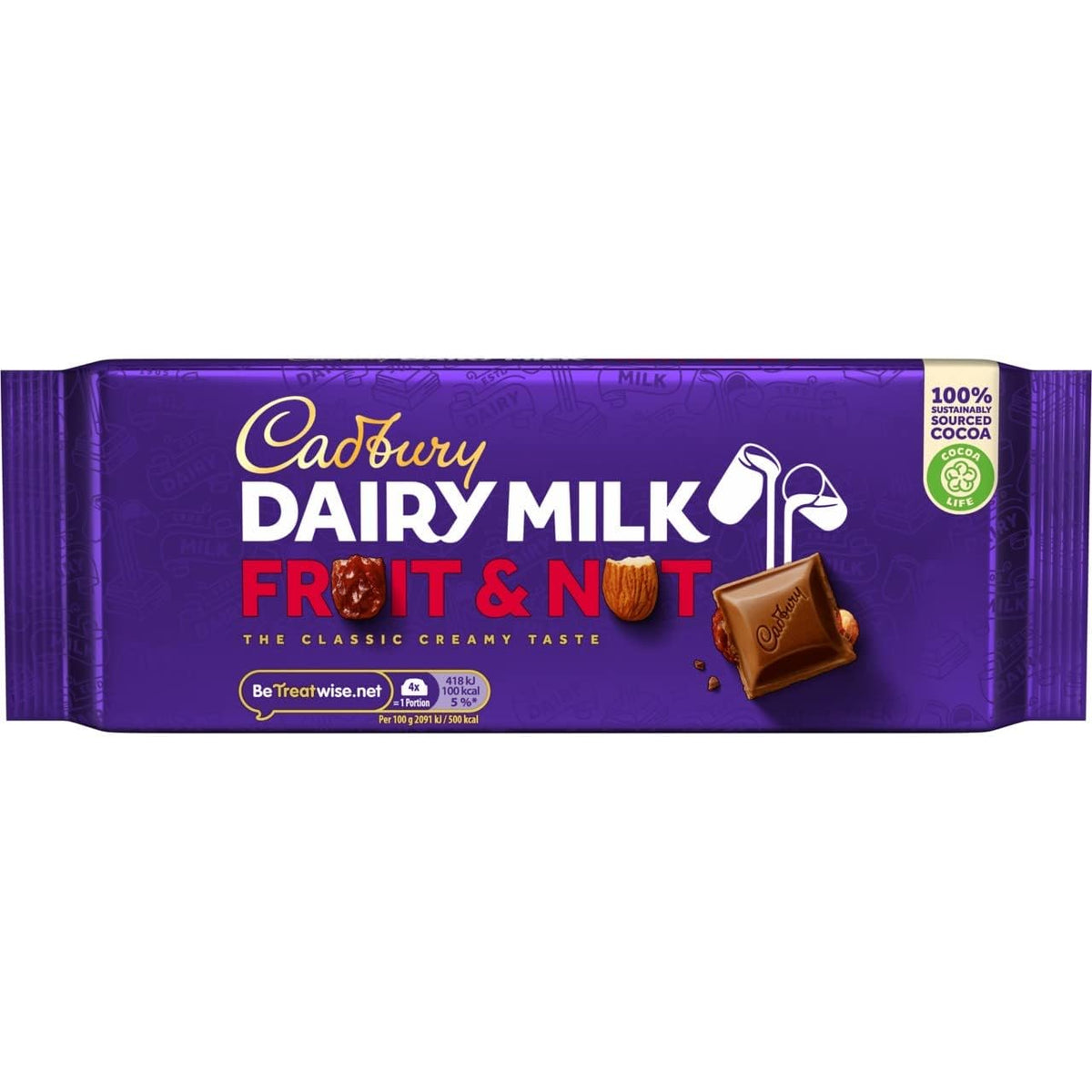 Cadbury Dairy Milk Fruit & Nut Bar front view, creamy chocolate with hazelnut chunks for a satisfying snack.