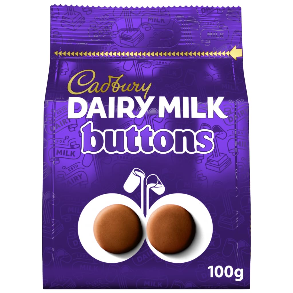 Cadbury Dairy Milk Giant Buttons bag 100g showing bite-sized chocolate for sharing