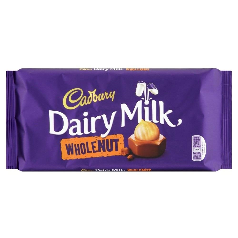 Cadbury Dairy Milk Whole Nut Bar 180g pack of 2 with creamy chocolate and whole hazelnuts