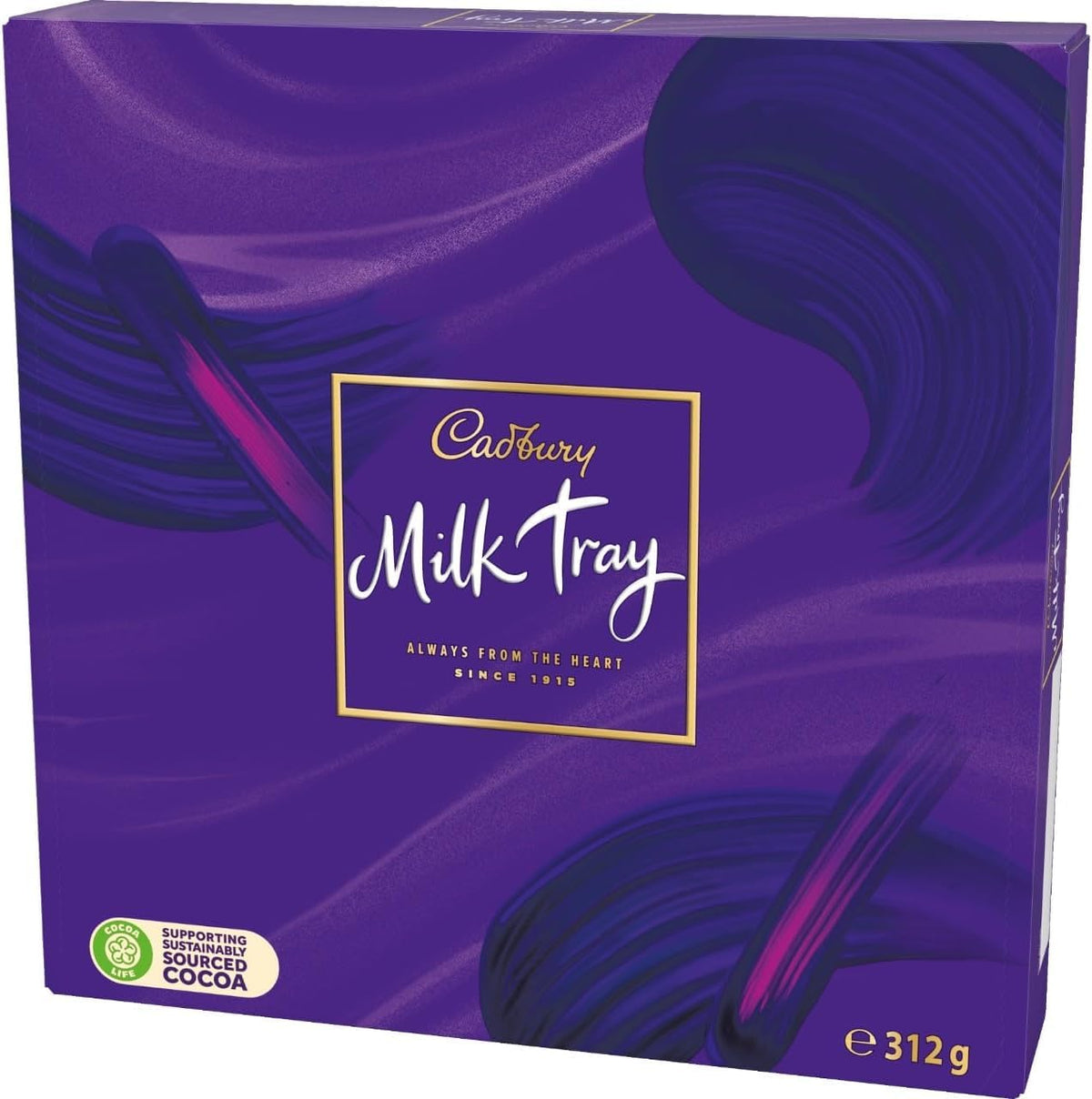 Cadbury Milk Tray open pack displaying the elegant chocolate assortment.