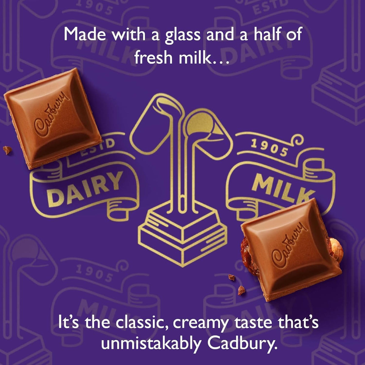 Cadbury Milk Tray packaging detail emphasizing heritage and premium presentation.