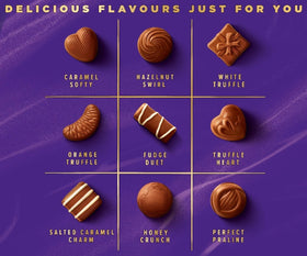 Cadbury Milk Tray varieties close-up showing rich chocolates and fillings.