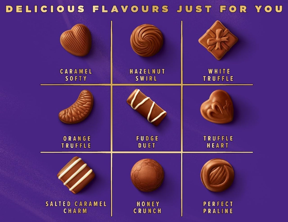Cadbury Milk Tray variety detail highlighting textures and centers.