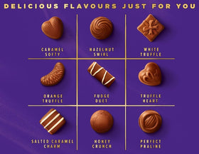 Cadbury Milk Tray variety detail highlighting textures and centers.