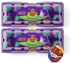 Cadbury Mini Creme Eggs 24-count pack on a pastel Easter display for sharing.