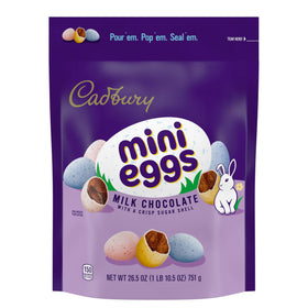Cadbury Mini Eggs Easter basket display with pastel shells for spring celebrations.