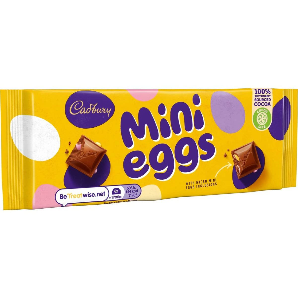 Cadbury Mini Eggs bar close-up of mini egg pieces, rich texture
