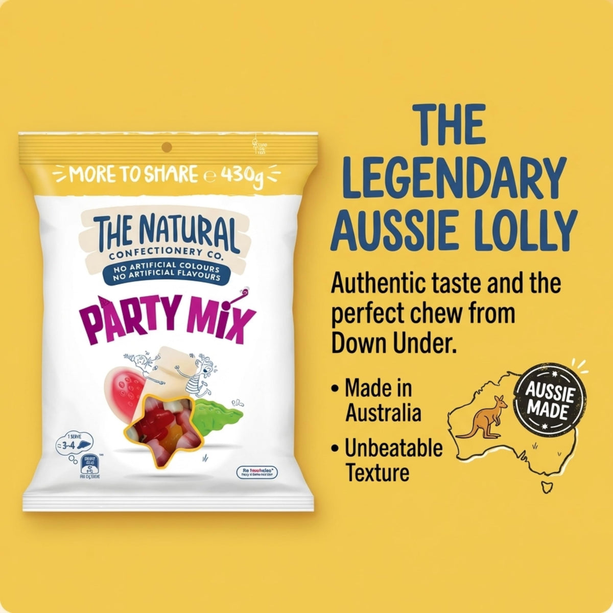 Cadbury NCC Party Mix 430g fruity colors close-up, tasty fruit flavors.