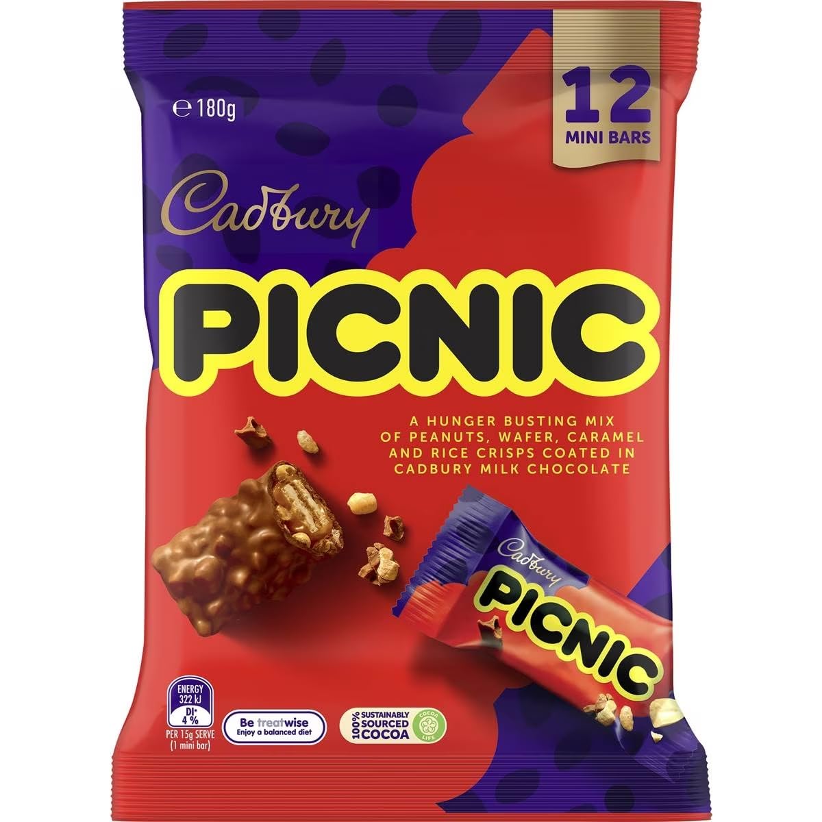 Cadbury Picnic bars with peanuts, wafer, caramel, and rice crisps for a crunchy, shareable treat.