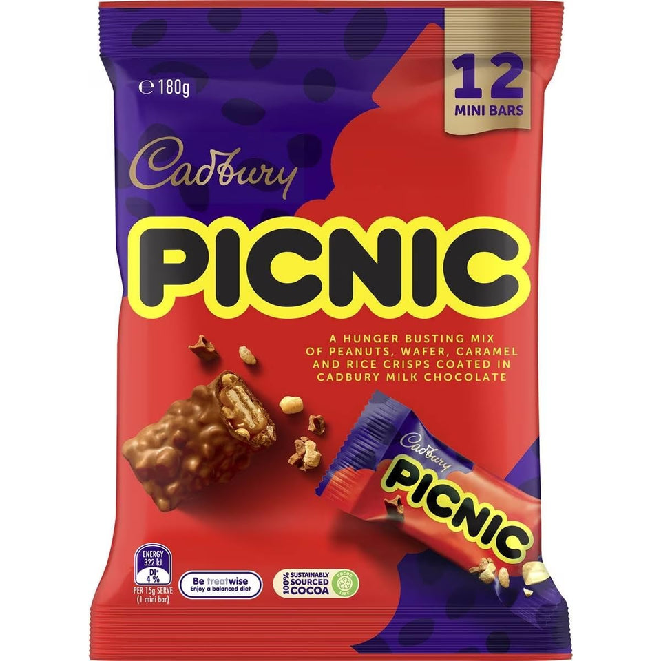 Cadbury Picnic bars with peanuts, wafer, caramel, and rice crisps for a crunchy, shareable treat.