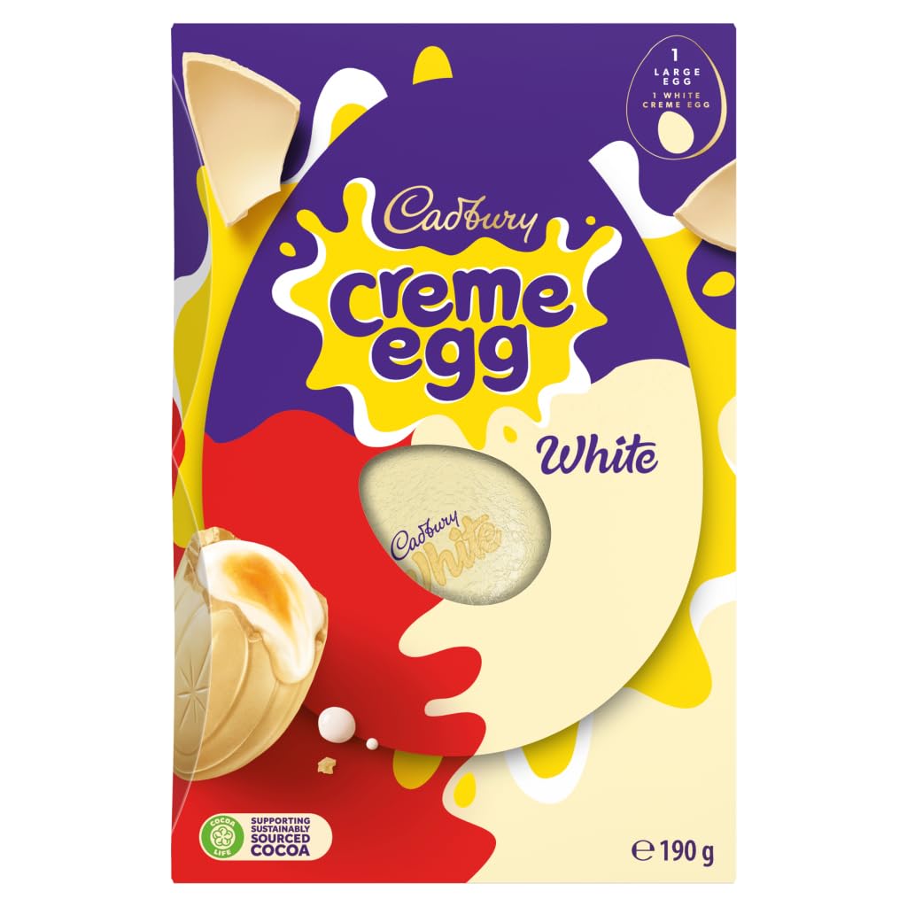 Cadbury White Creme Egg traditional 190g, smooth white chocolate shell with creamy fondant—perfect for sharing.
