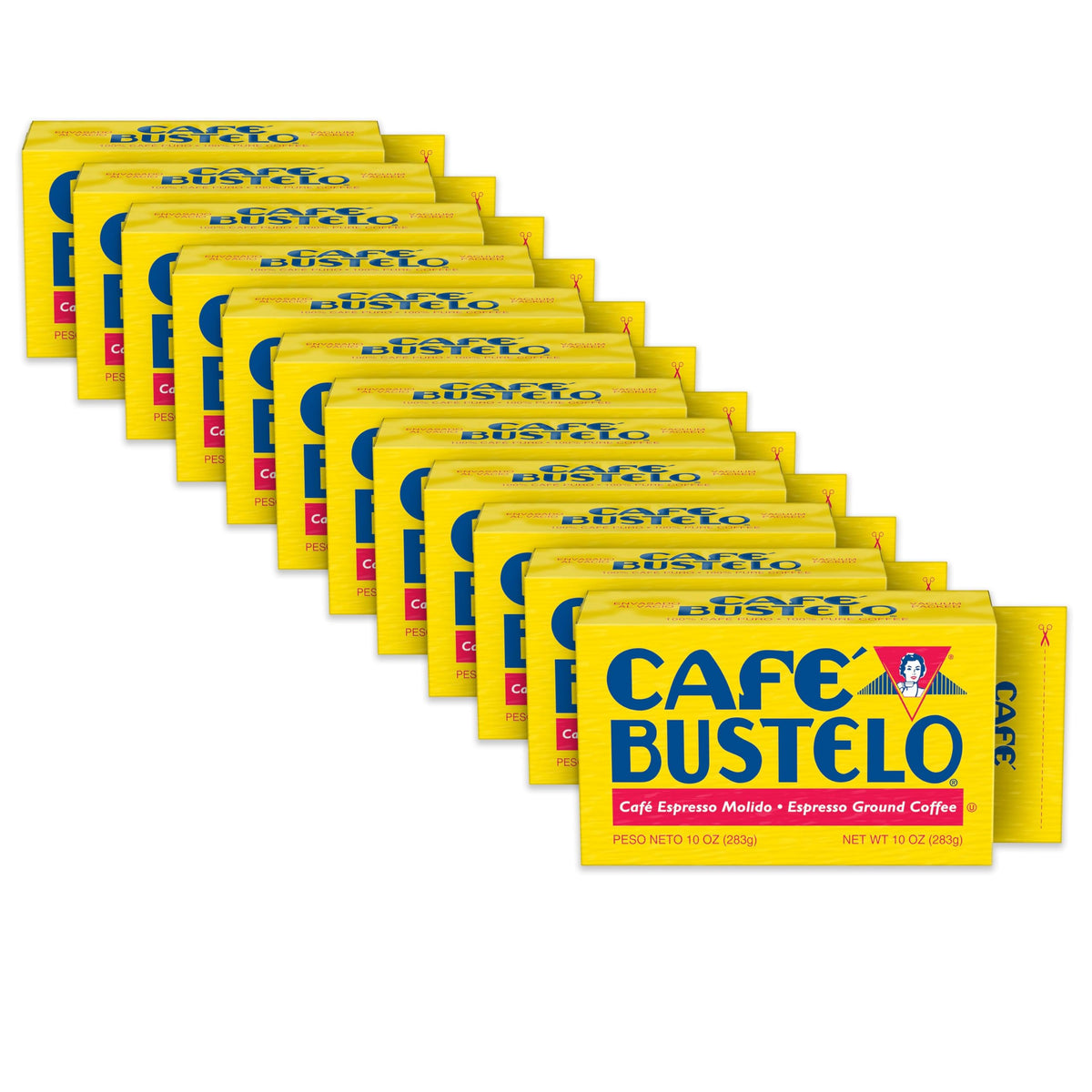 Cafe Bustelo espresso ground coffee brick front view highlighting the 12-pack packaging for bold brewing