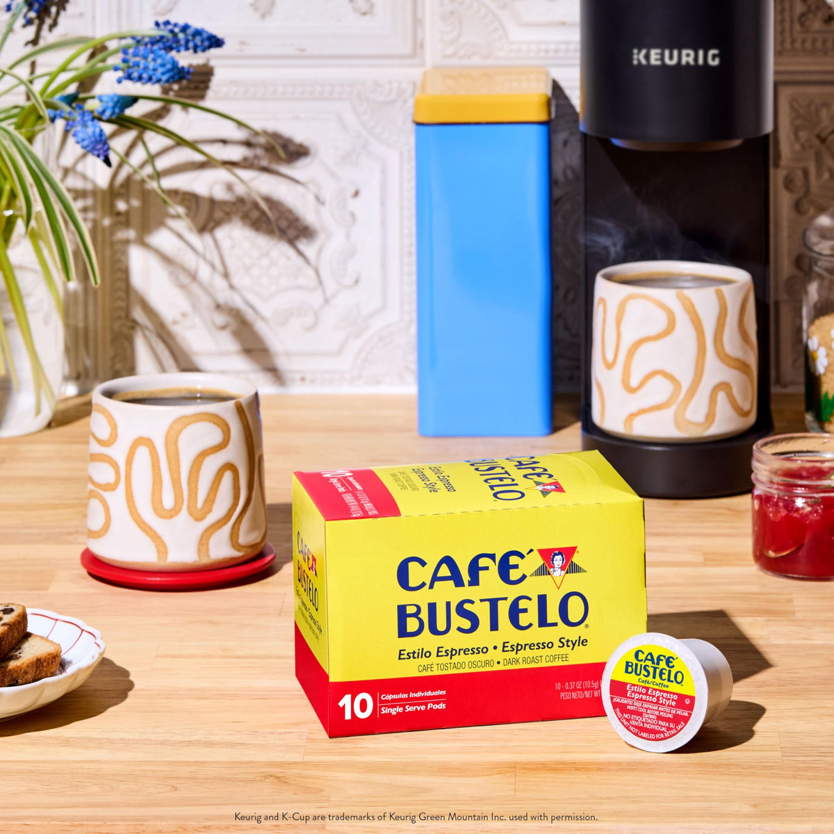 Cafe Bustelo espresso-style dark roast pod in a cup for a rich brew