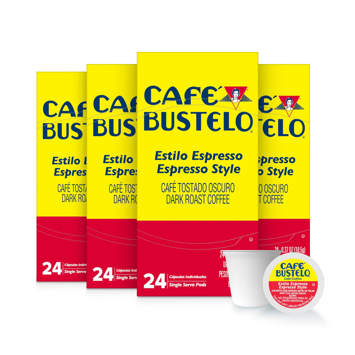 Cafe Bustelo espresso-style dark roast pods four-pack on shelf