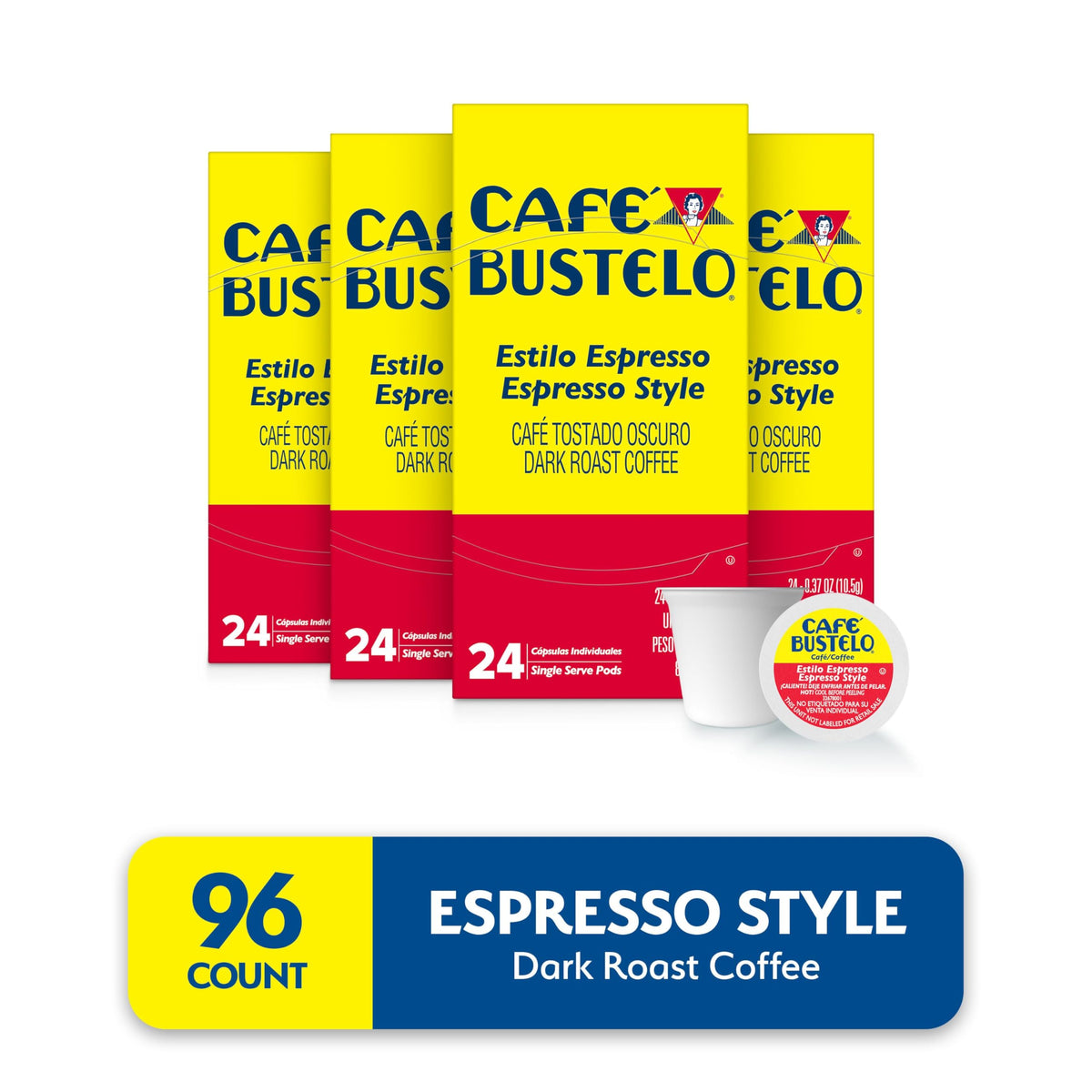 Close-up of Cafe Bustelo espresso-style dark roast pods