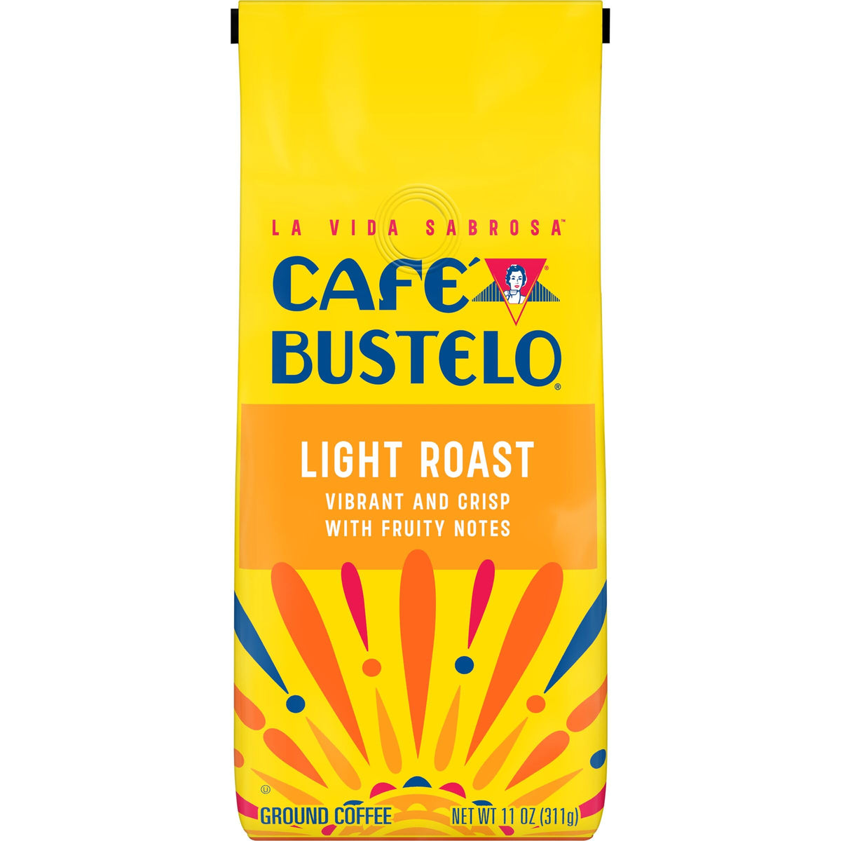 Cafe Bustelo light roast ground coffee bag showing vibrant flavor for everyday brewing.