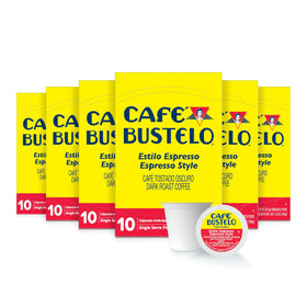 Cafe Bustelo espresso-style pods on the front of the pack for bold flavor