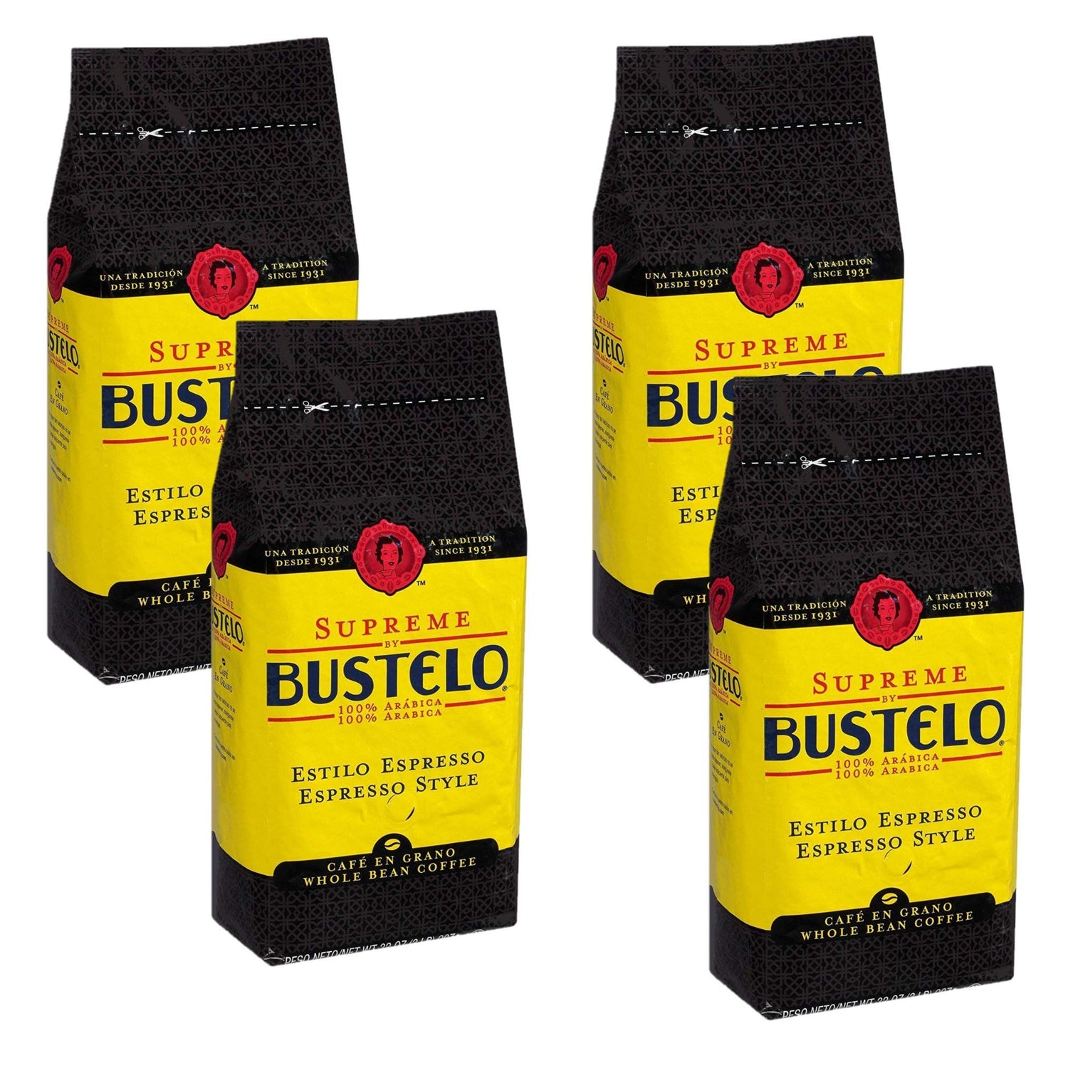 Cafe Bustelo Supreme whole bean espresso coffee 16-ounce bag for bold espresso at home.