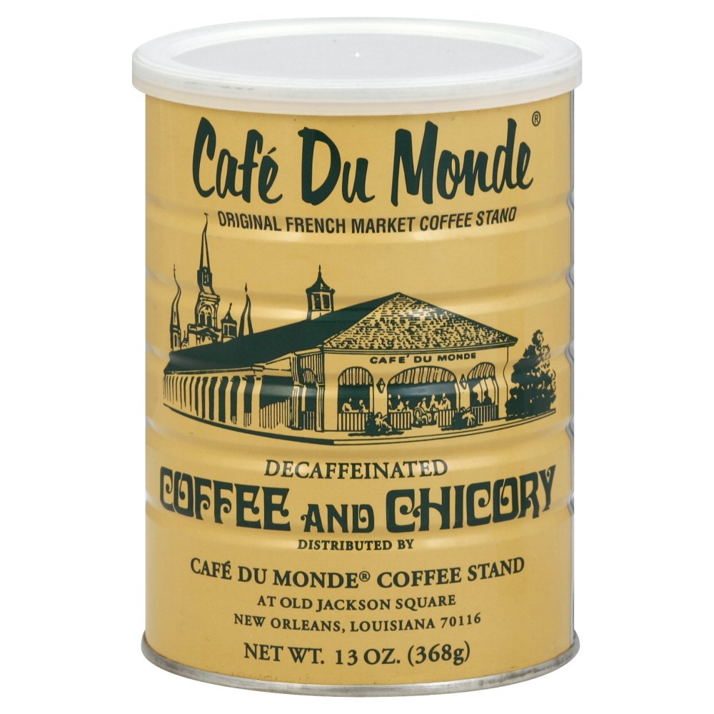 Cafe Du Monde decaf chicory can in a convenient three-pack for ready-to-use coffee moments.