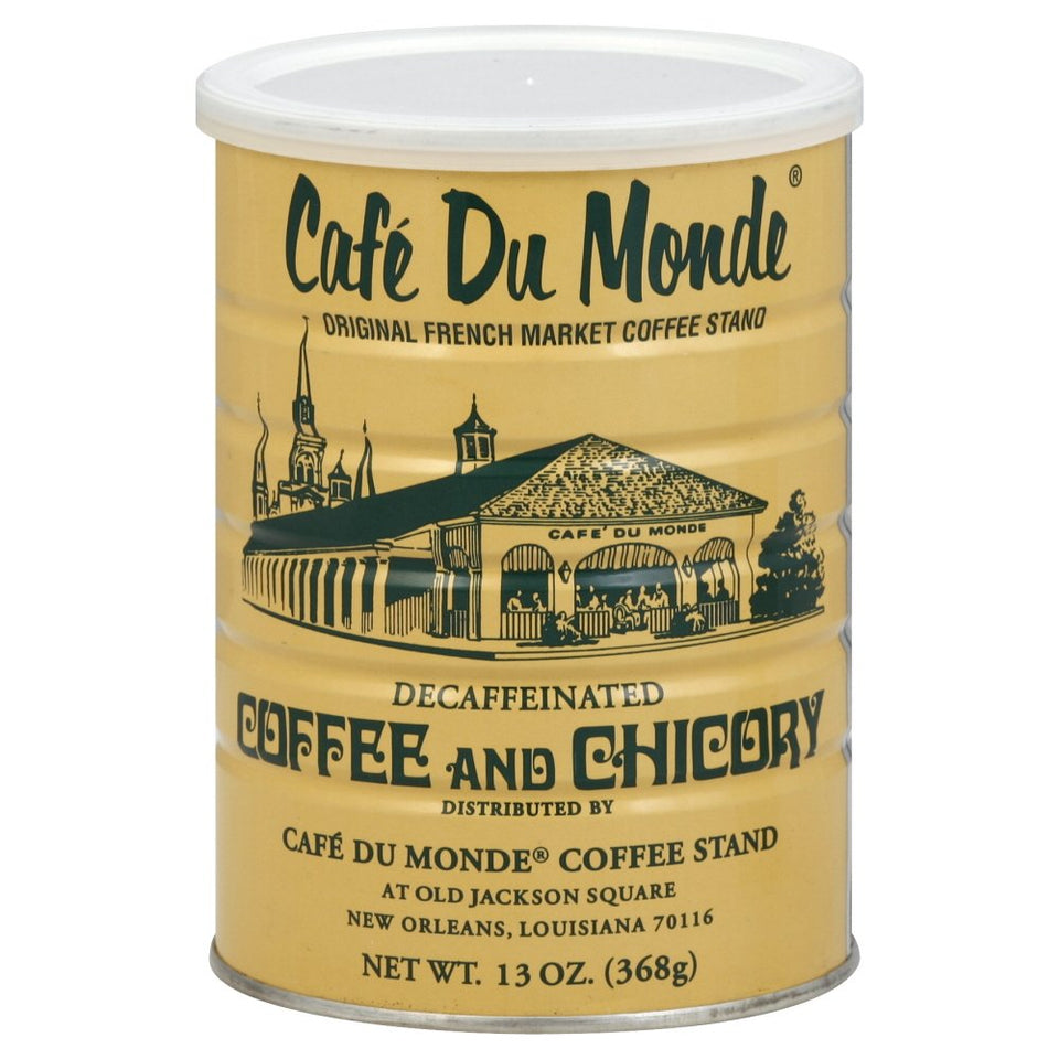 Cafe Du Monde decaf chicory can in a convenient three-pack for ready-to-use coffee moments.