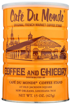 Cafe Du Monde six-pack of 15 oz coffee cans for quick home brewing.