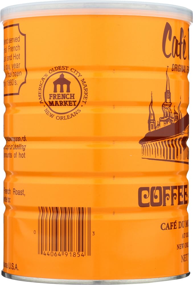 Cafe Du Monde label close-up highlighting chicory blend and aroma.
