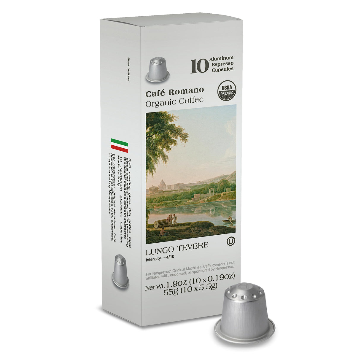 Cafe Romano organic espresso pods for Nespresso Original, packaging ready for quick mornings.